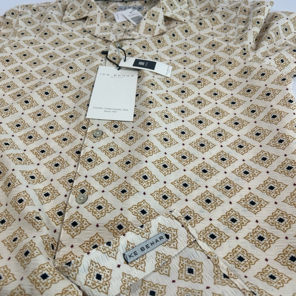 NWT IKE BEHAR Mens Medium Cream Geometric Short Sleeve Button Down Shirt - Picture 8 of 9
